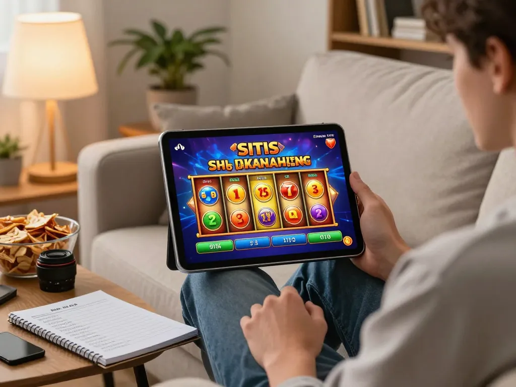 Situs slot mahjong gameplay displayed on a tablet during a cozy home gaming session.
