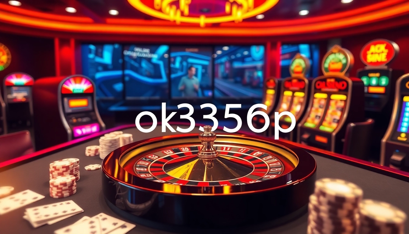 Engaging online gambling scene showcasing ok365pp with stylish casino elements like roulette and poker chips.