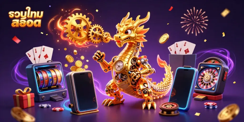Engage in thrilling slot games with รวมเกมสล็อต showcased alongside a dynamic biomechanical dragon and gameplay elements.