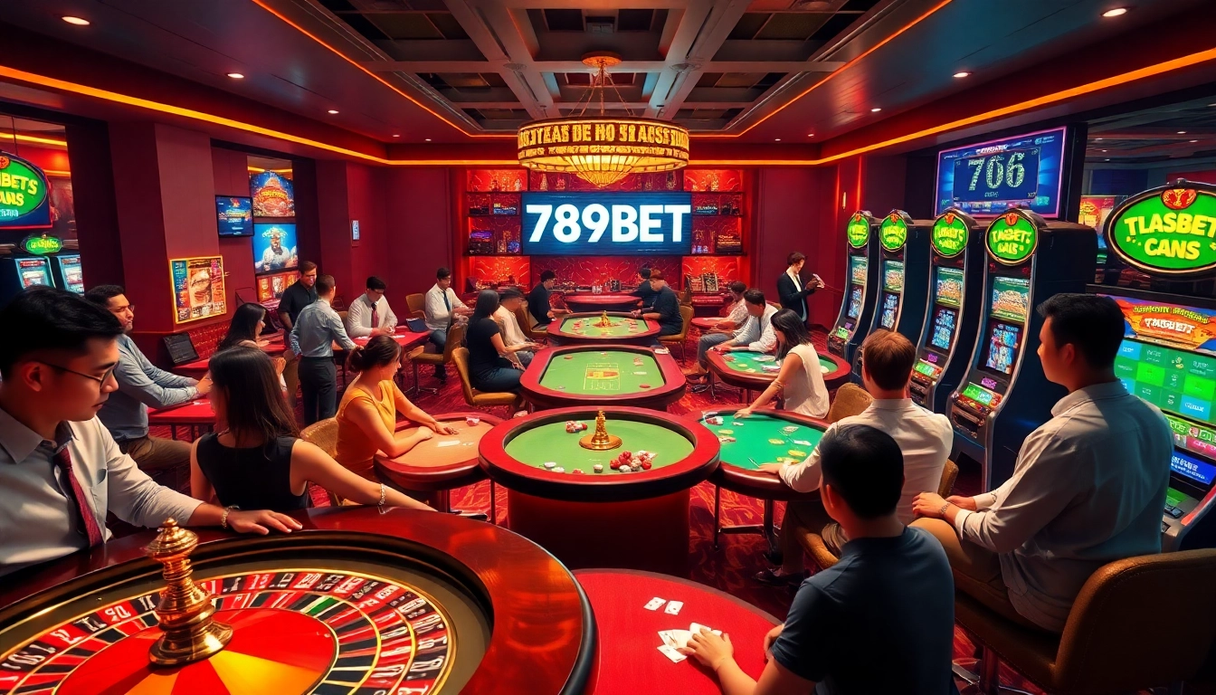 Exciting 789BET casino scene with players at tables and vibrant gaming elements.