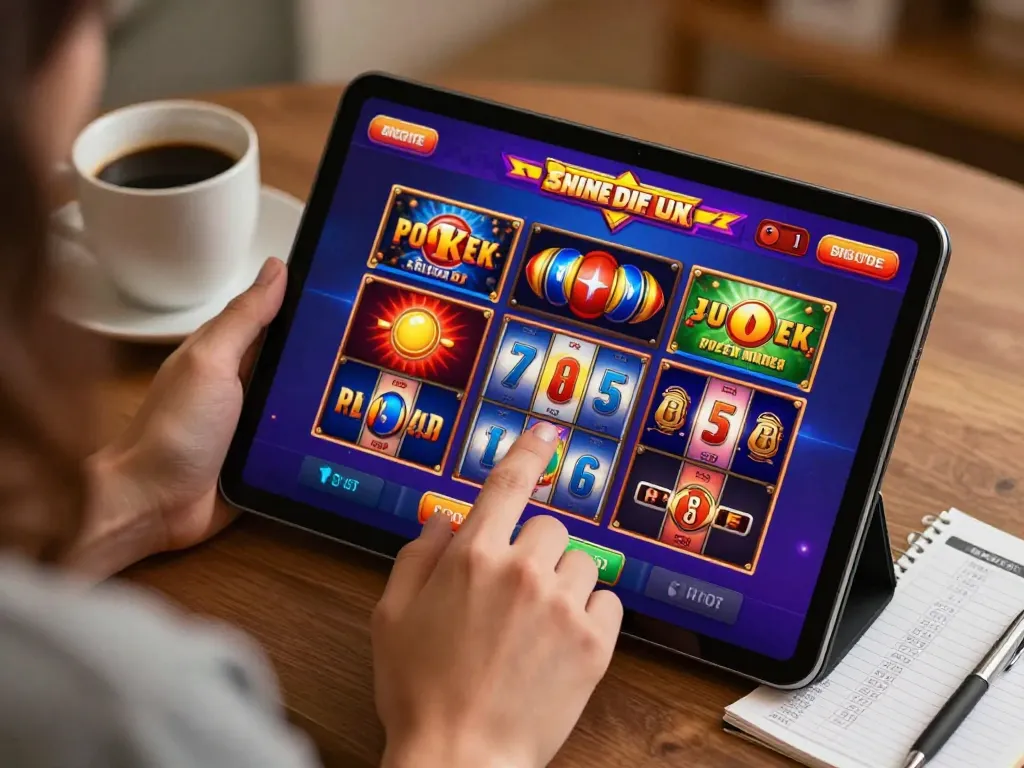 Bermain Demo Slot di tablet di rumah, menunjukkan kegembiraan dalam permainan online.
