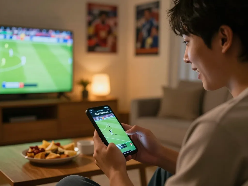 Kèo tài xỉu nửa trái betting moment with a focused player using a smartphone in a cozy home setting.