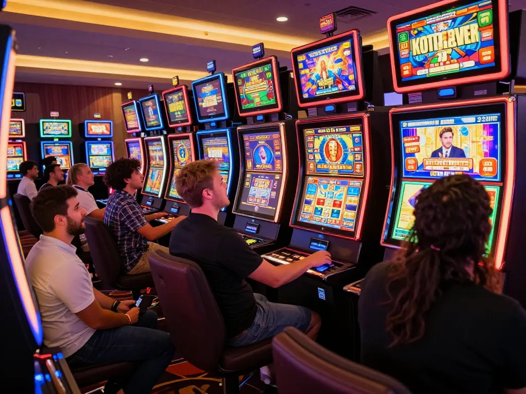 Players enjoying slots not on gamstop at colorful casino machines with engaging themes.