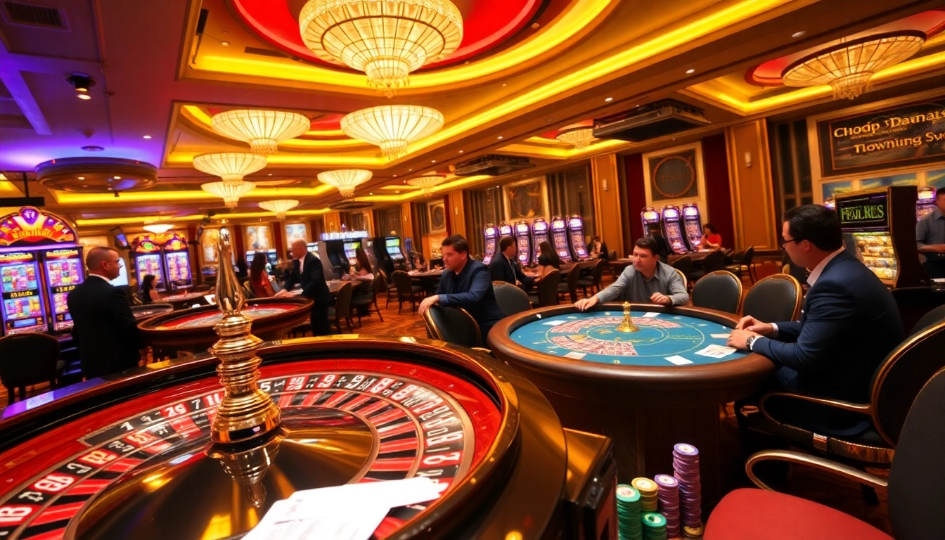Fly88 players engaged in thrilling casino games surrounded by vibrant decor and betting excitement.