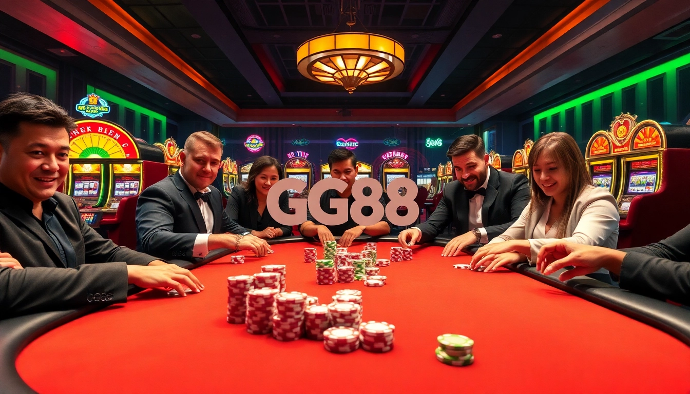 Action-packed casino scene at GG88 with poker table, colorful chips, and vibrant slot machines.