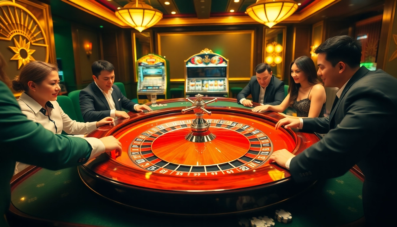 Togel china players excitedly engaging at a luxury casino roulette table.