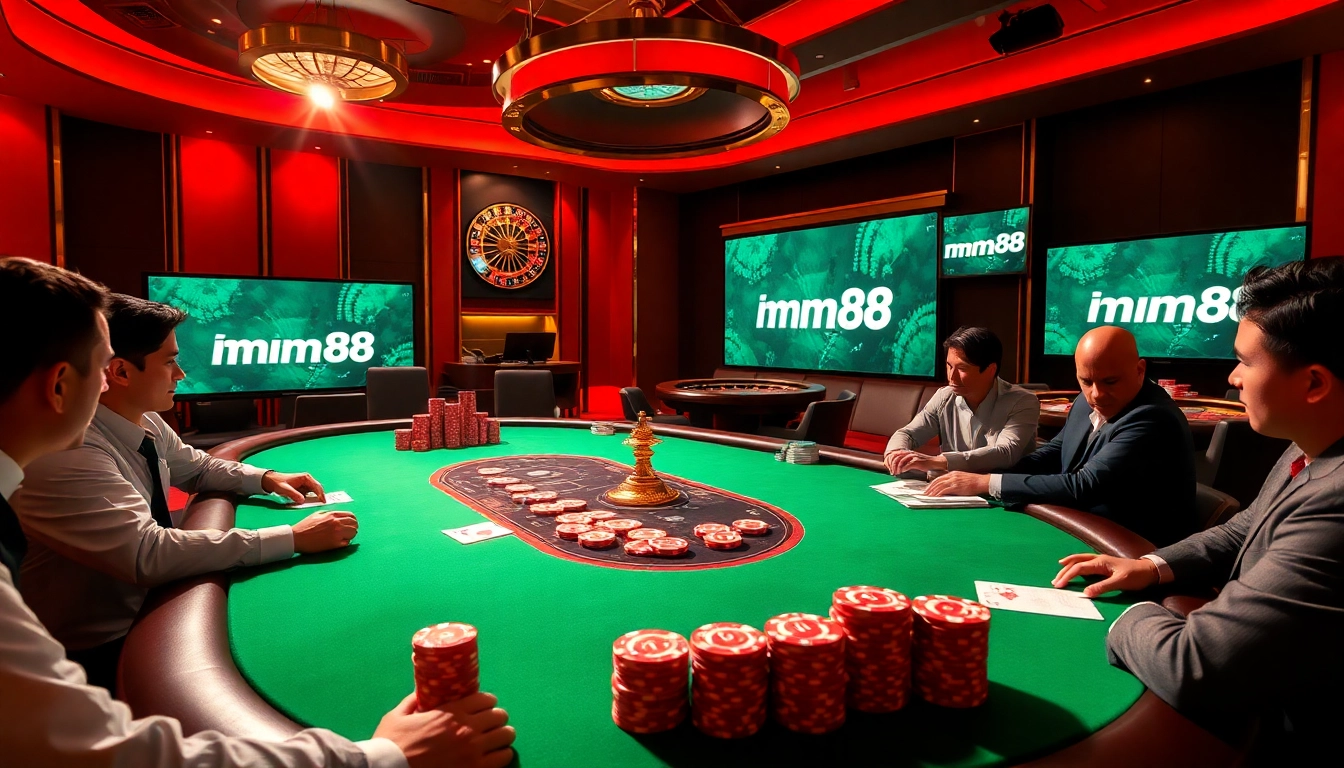 Players engaged in an exciting poker game at mm88 casino, surrounded by chips and cards.