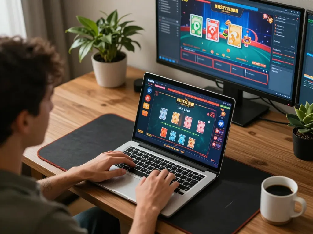 Experience strategic gaming with LuckyIndex at home - online casino setup showing gameplay on laptop