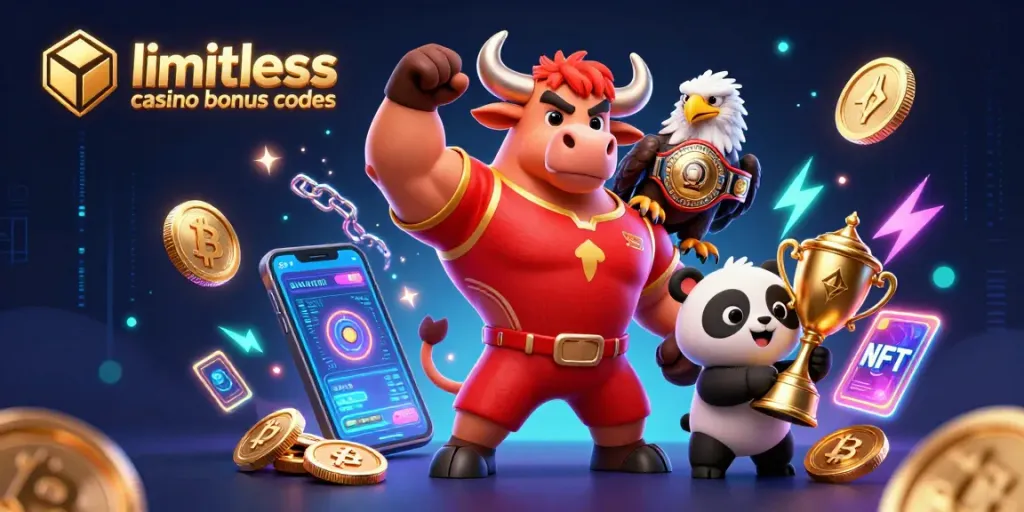 Experience the thrill of limitless casino bonus codes with vibrant 3D characters and crypto elements.
