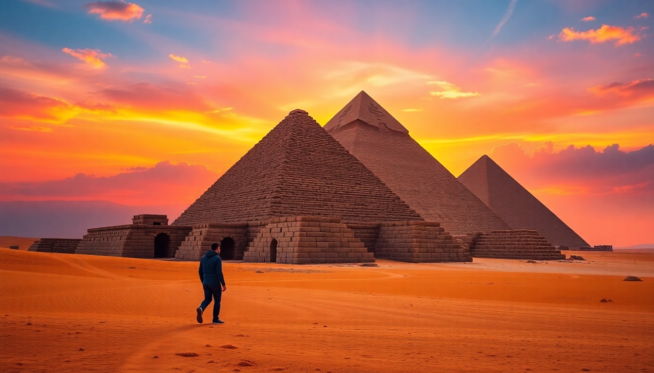 View the Great Pyramids of Giza on https://piraminds.com/, showcasing ancient architecture against a stunning sunset.