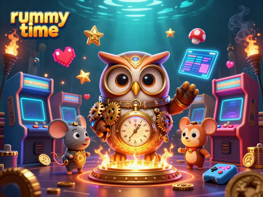 Engage with Rummy Time in an exciting 3D illustration featuring dynamic characters and vibrant gameplay scenes.