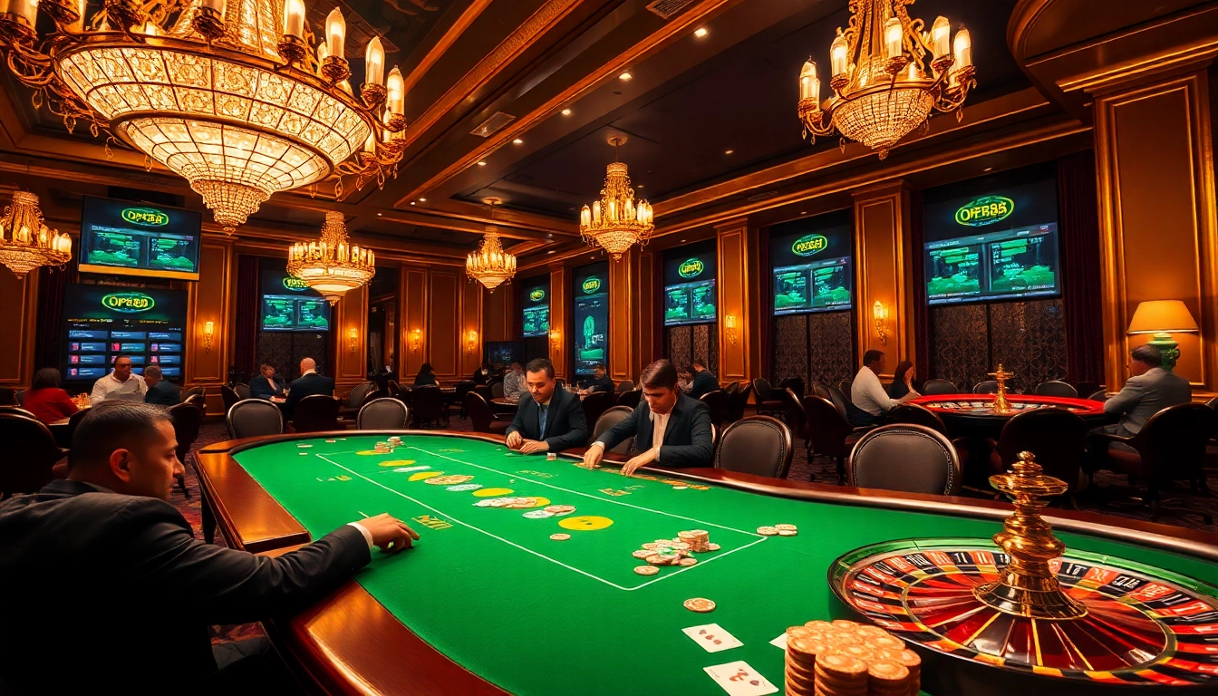 Players at a luxurious poker table enjoying games at open88 com's vibrant casino atmosphere.