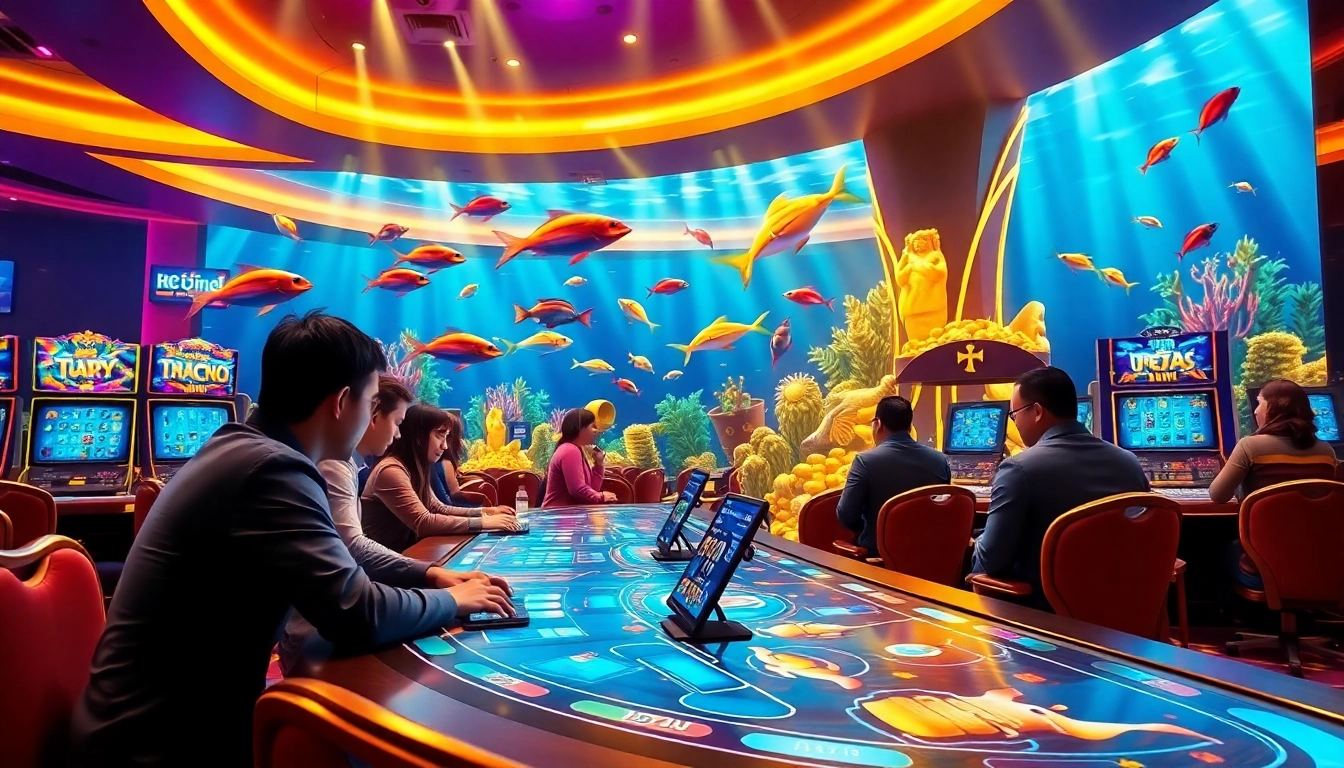 Bắn cá đổi thưởng gaming interface featuring players immersed in an exciting underwater casino atmosphere.