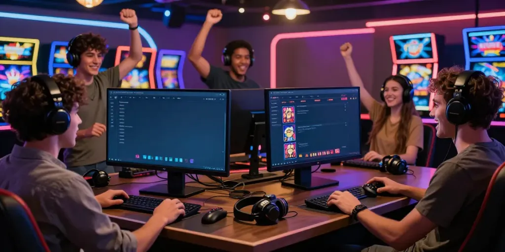 A80 online casino gaming scene with friends celebrating a victory.