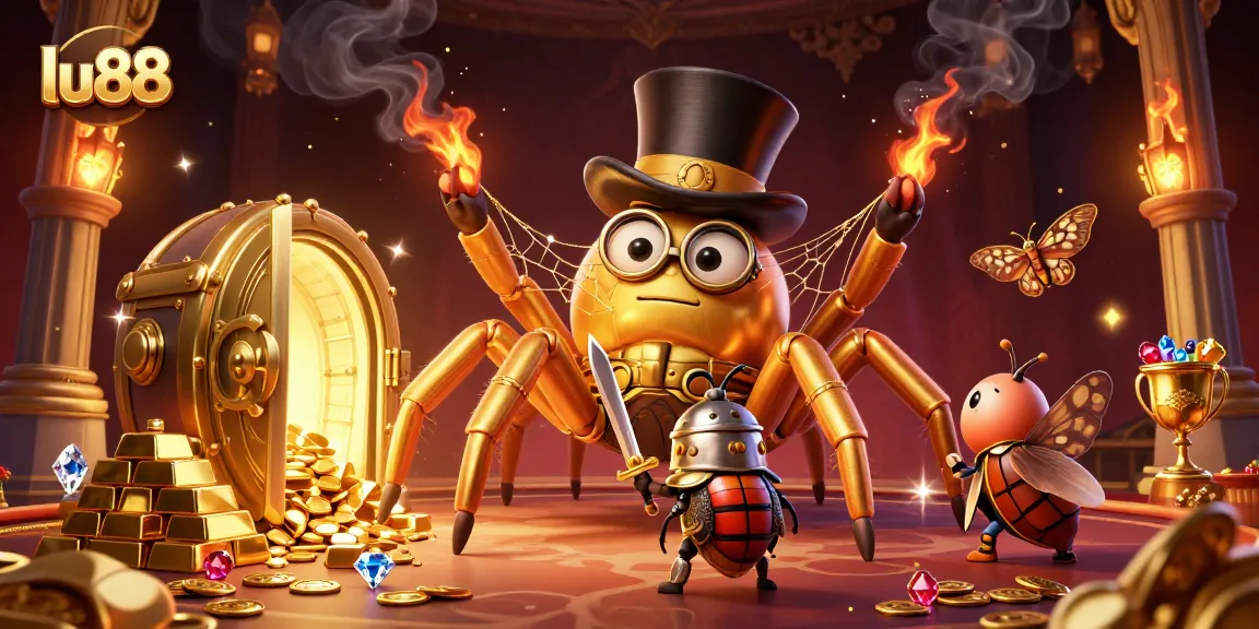 Engage with thrilling lu88 experiences at a vibrant casino scene featuring gold treasures and dynamic characters.