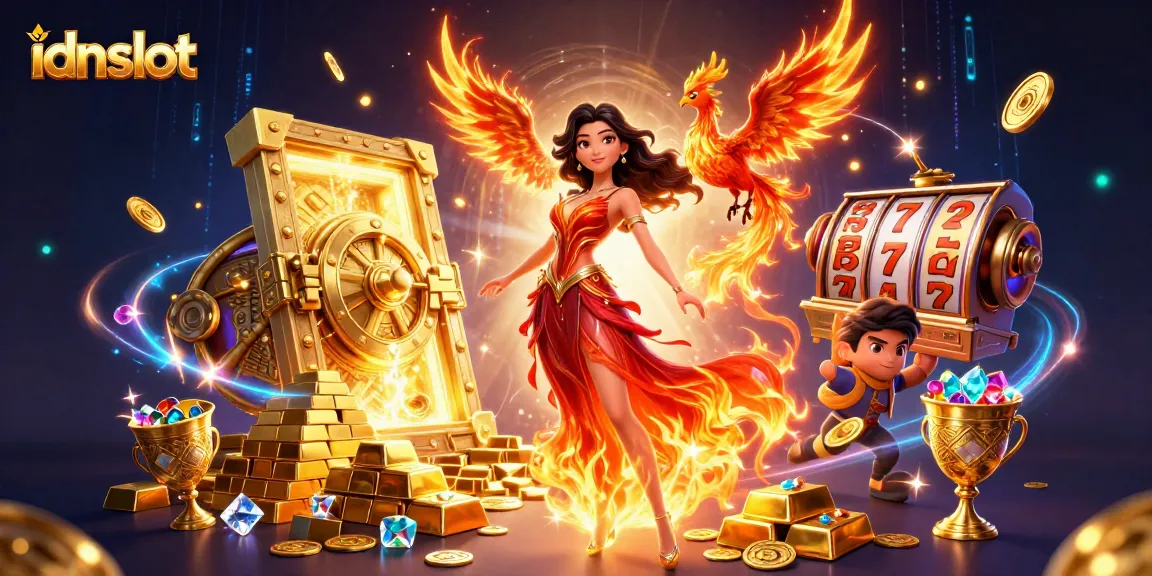 Experience thrilling action with idnslot, showcasing an Asian heroine amidst dazzling slot elements and riches.