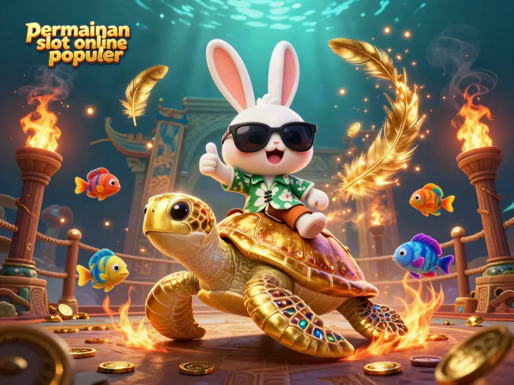 Permainan slot online populer dengan karakter kunci seperti kelinci dan penyu emas dalam latar belakang kasino yang penuh warna.