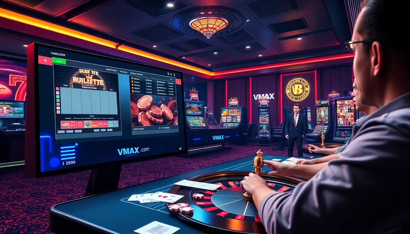 Engage with VMAX online gambling featuring vibrant slot machines and poker tables in a luxury setting.