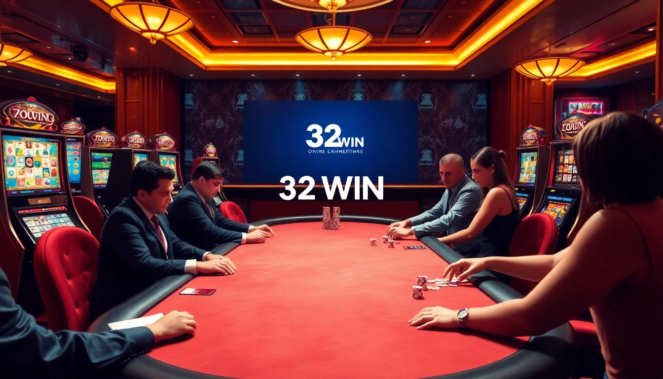Experience the excitement of casino gaming at 32 WIN, featuring vibrant slot machines and professional poker tables.
