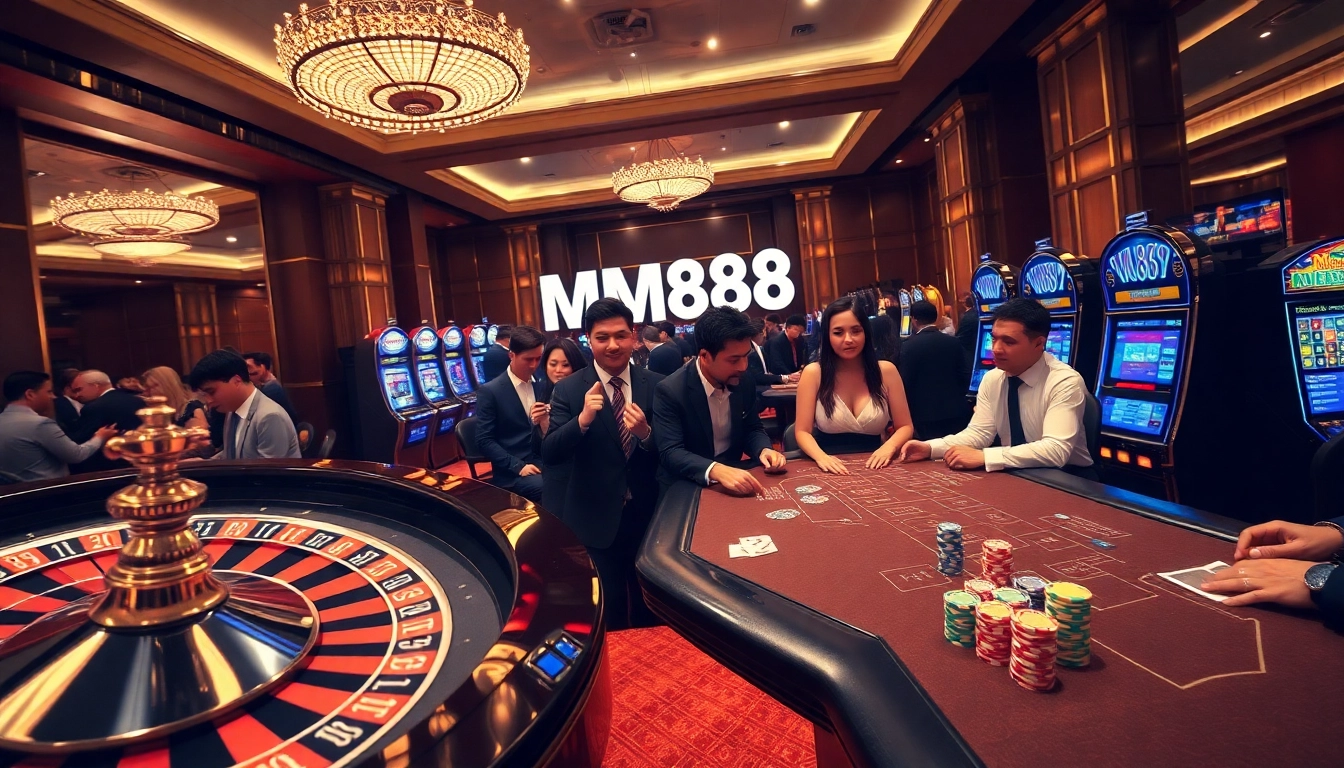 Experience the excitement at MM88 with a luxury casino scene featuring roulette, poker, and slot machines.