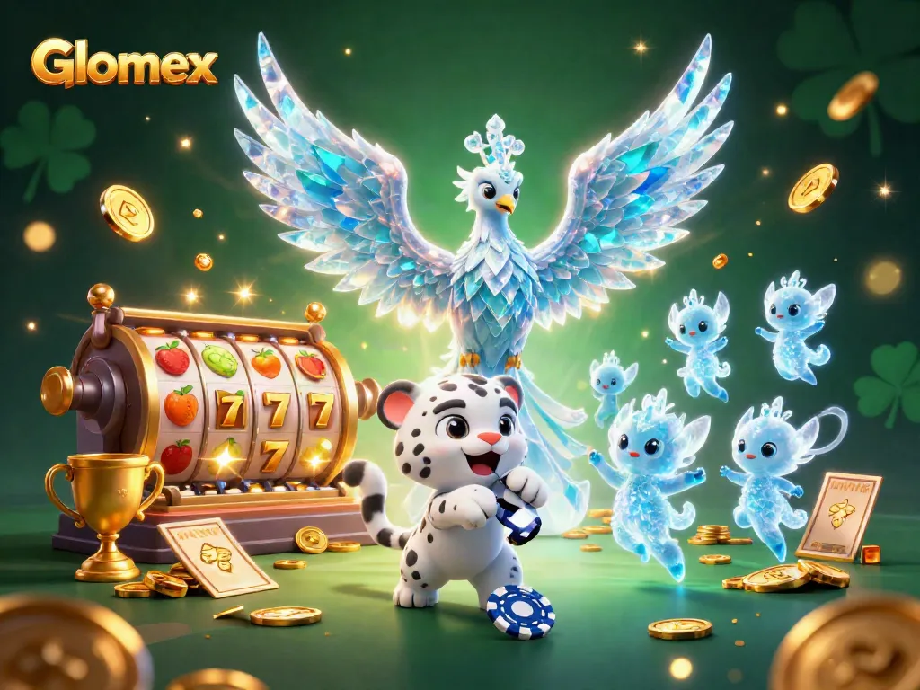 Engage with Glomex through this vibrant 3D casino scene featuring an ice phoenix, slot reels, and cascading coins.