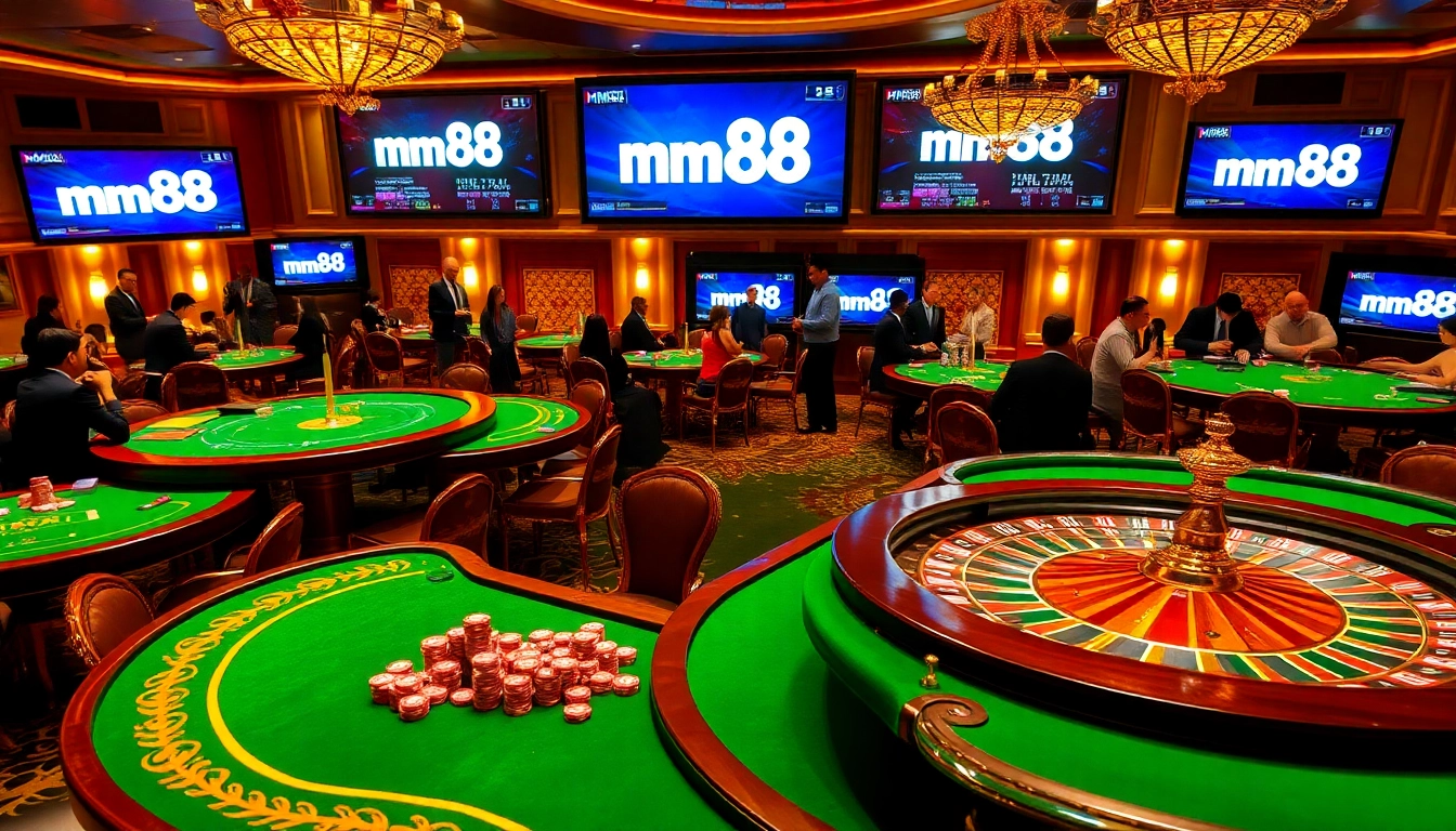 Engaged players enjoying the thrill of gambling at mm88 casino tables with vibrant colors and luxurious décor.