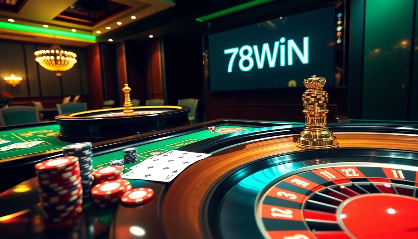 Experience the thrill of gambling with the latest Link mới nhất 78WIN displayed at a luxurious casino table.