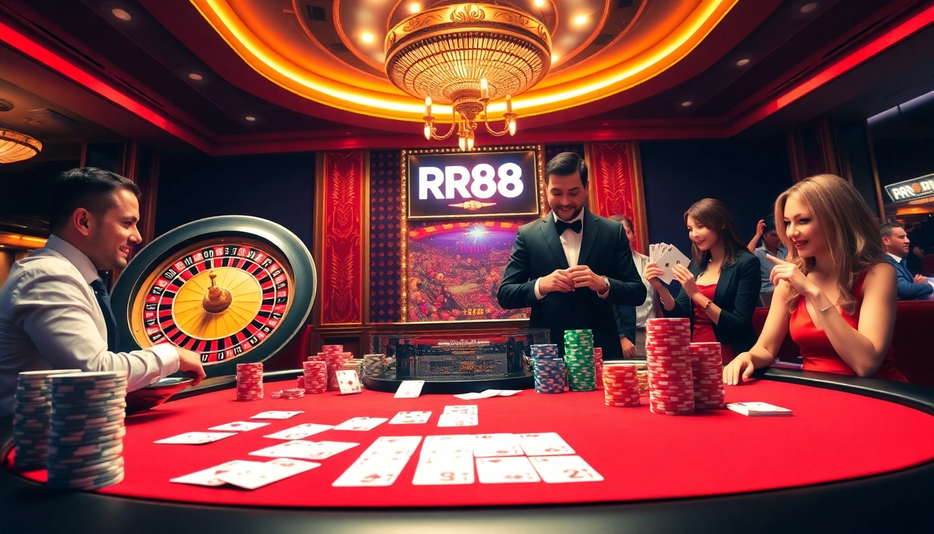 Experience the thrill of betting at RR88 casino with vibrant roulette and poker action.