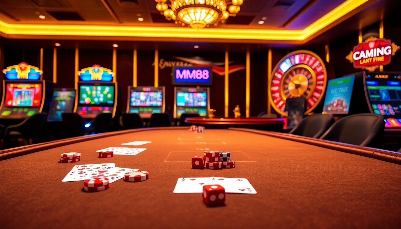 Experience luxury gambling at MM88 with poker chips and vibrant slot machines.