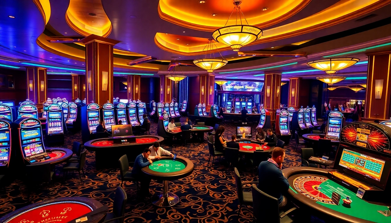 KJC gaming floor with vibrant casino tables and elegant slot machines, showcasing excitement.