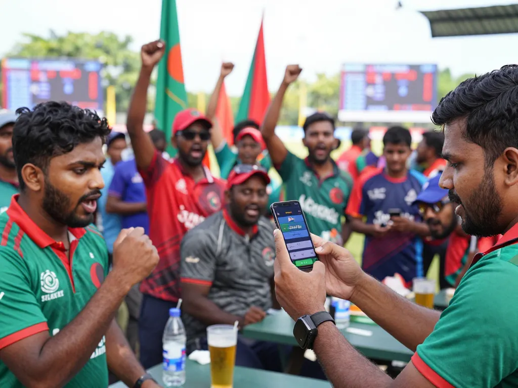 Excited fans using JeetBangla cricket betting app during live match.