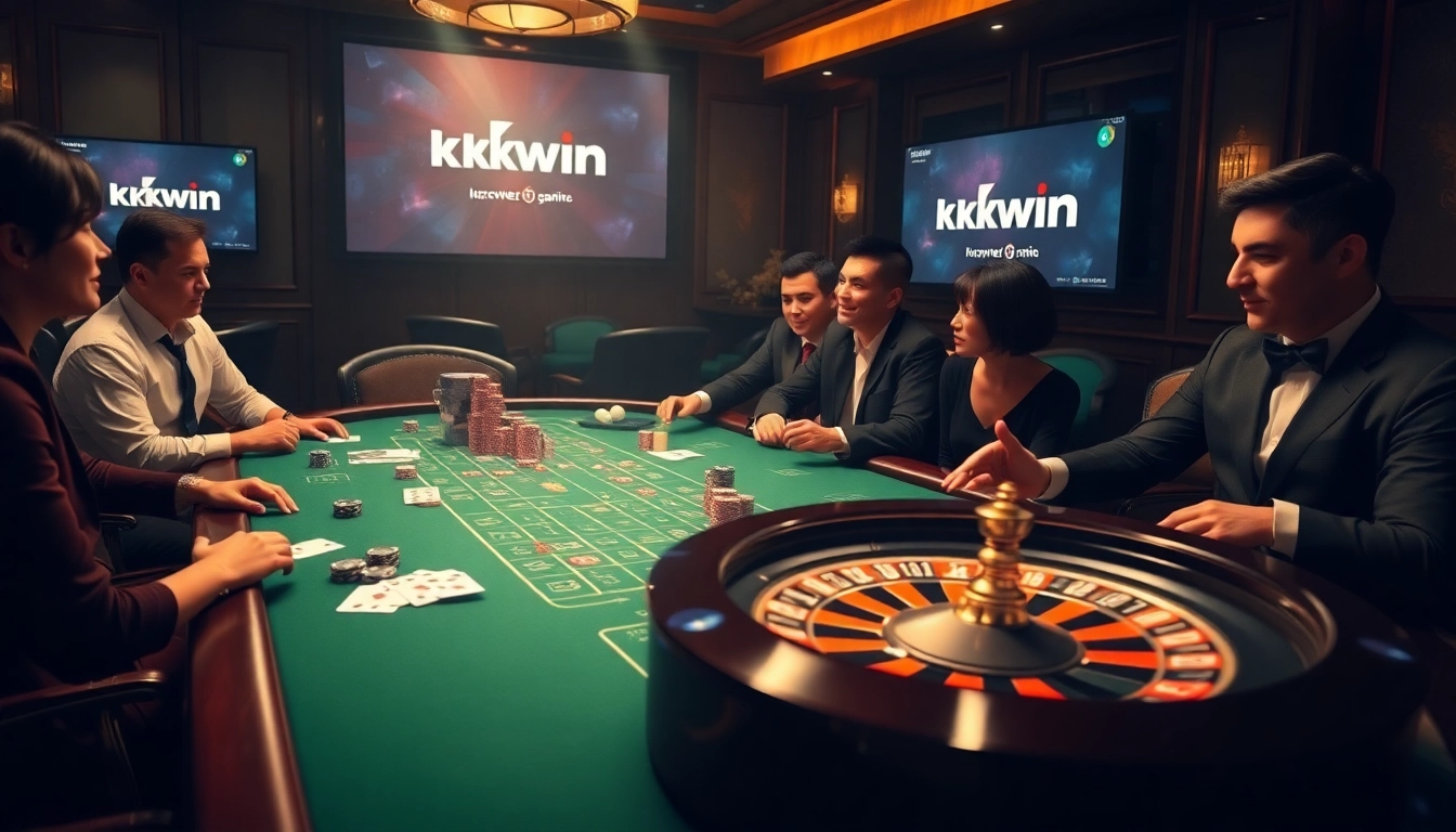 Experience the excitement at https://kkwin.co.com/ with players strategically engaging at a luxurious poker table.