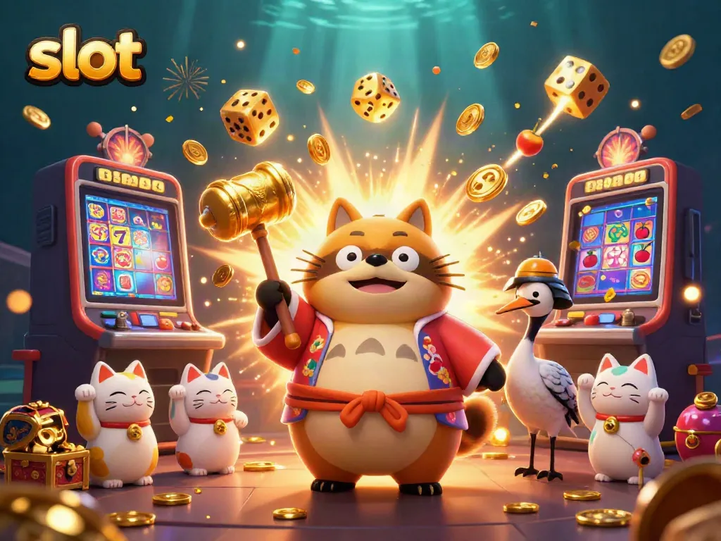 Menggenggam slot, tanuki bahagia dikelilingi jackpot koin dan simbol keberuntungan