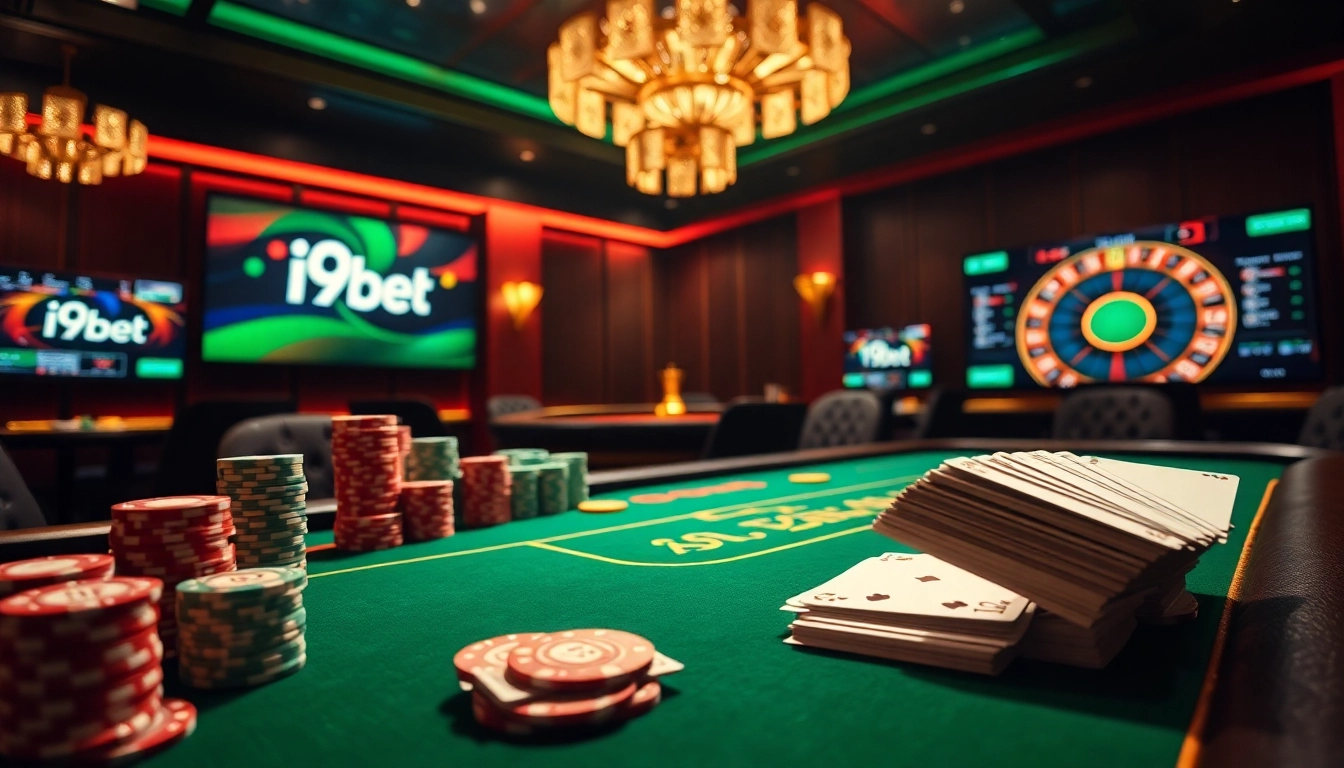 Experience high-stakes poker at a luxurious i9bet casino table, complete with vibrant chips and glowing roulette.