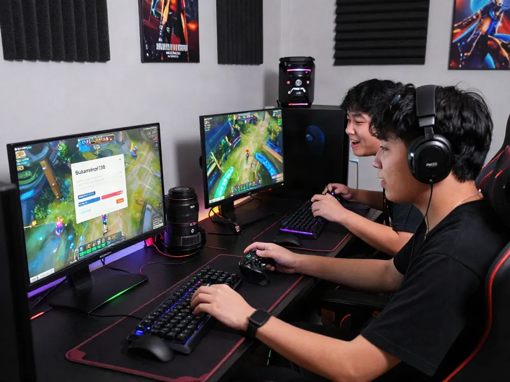 Proses bukumimpi138 login saat bermain game online dengan teman, suasana gaming modern yang energik