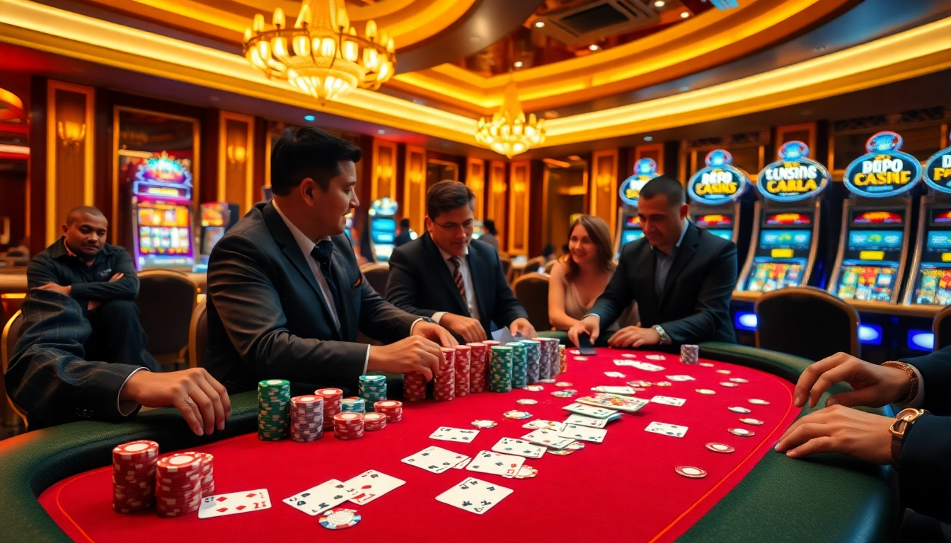 Engaging players at a vibrant gamebai table with colorful chips and cards in a luxurious casino setting.