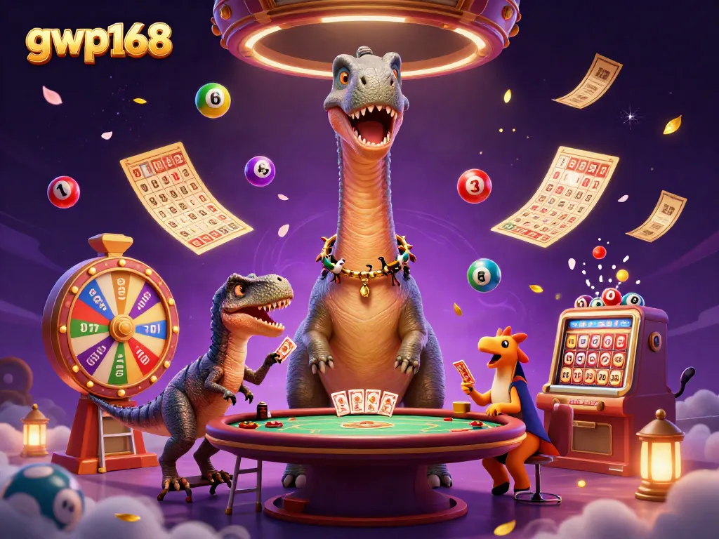 GWP168 menghadirkan suasana kasino dengan dinosaurus 3D dan permainan lotere yang dinamis.