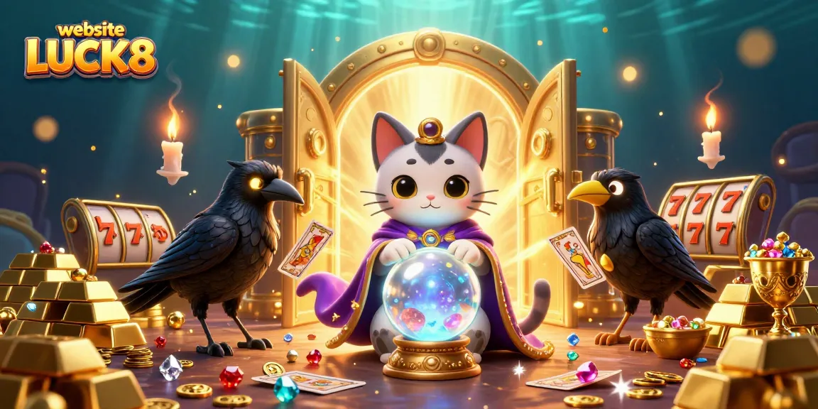 Try your luck with website LUCK8 in this vibrant online casino illustration showcasing slot reels, treasures, and mystic characters.