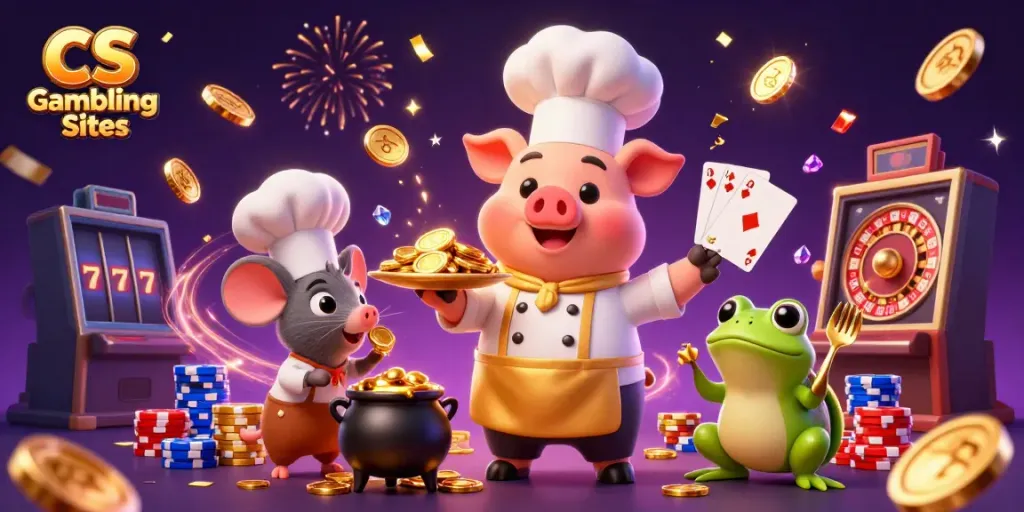 Chef pig serving gold coins in a vibrant casino setting showcasing CS Gambling Sites.