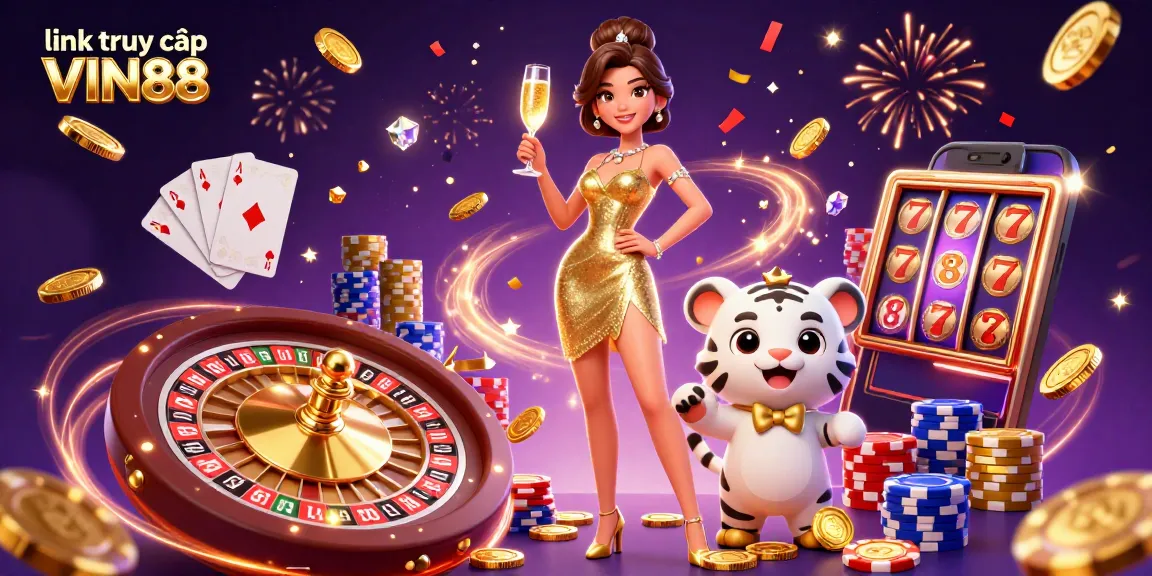 Experience the excitement of link truy cập VIN88 with this vibrant casino scene featuring exclusive characters and game elements.
