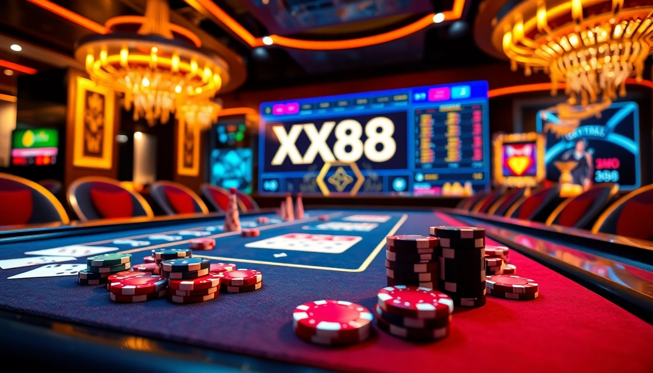 Players enjoy thrilling games at XX88 online casino, featuring colorful chips and vibrant digital displays.