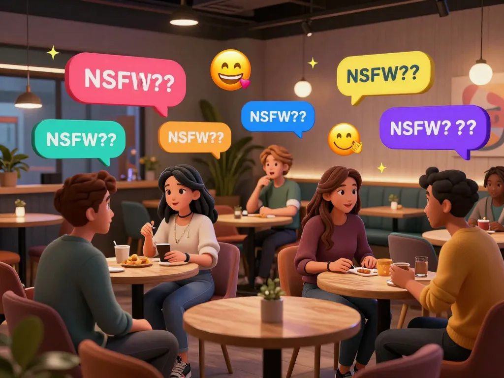 Engaging NSFW chat scene with interactive AI avatars in a vibrant digital lounge