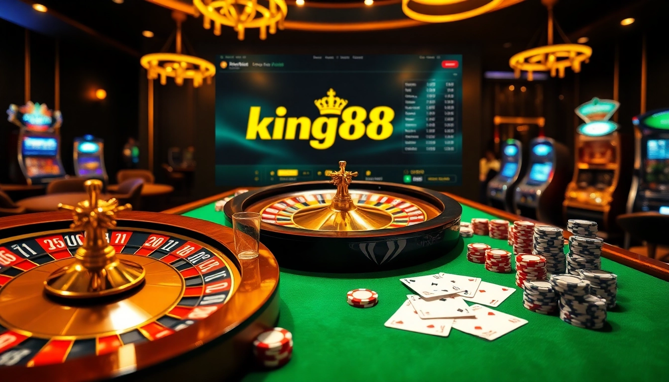 Players enjoy exciting games at king88 casino, featuring roulette wheels and poker chips.