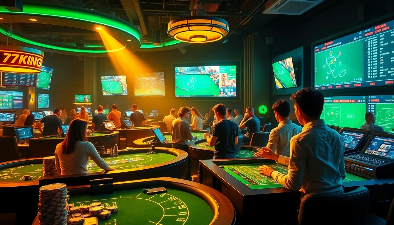 Dynamic online gambling atmosphere showcasing 79king's diverse gaming options, appealing to serious bettors.