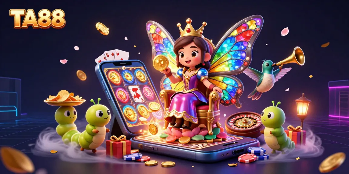 Experience the excitement of TA88 casino with a vibrant, animated butterfly queen and dynamic gaming elements.