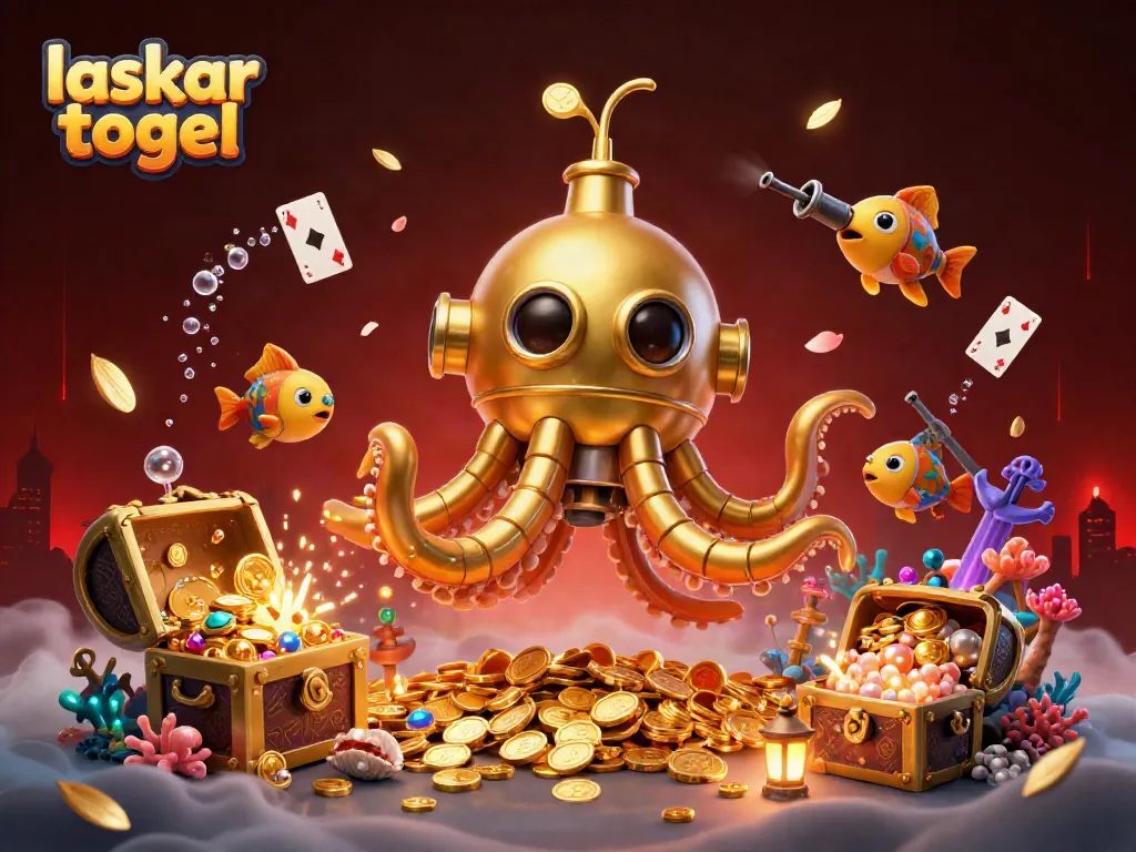 Experience the thrill of laskar togel with a vibrant underwater scene featuring a golden kraken and treasure.