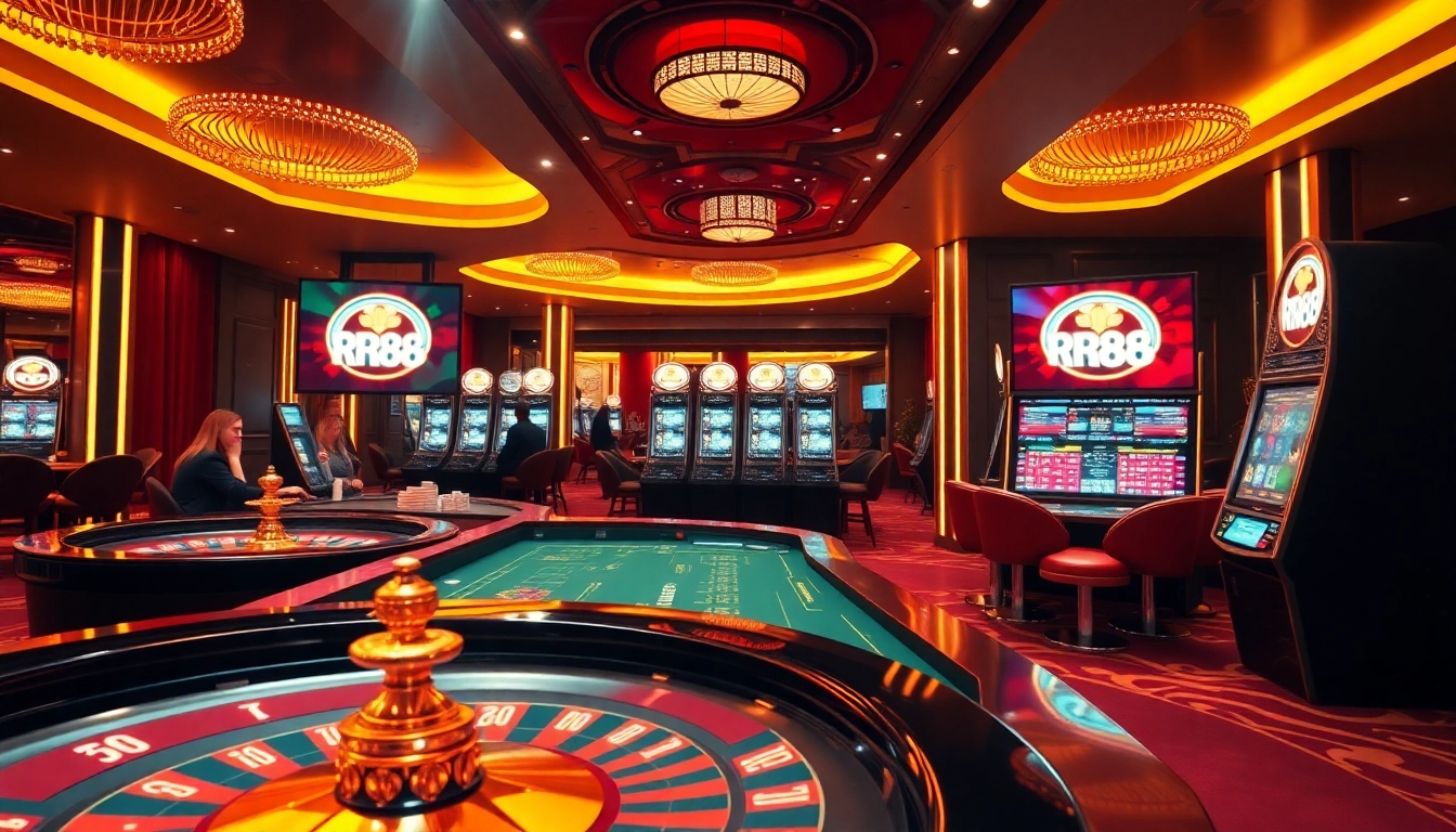 Experience the excitement of RR88 with vibrant casino visuals featuring roulette, poker chips, and online slots.