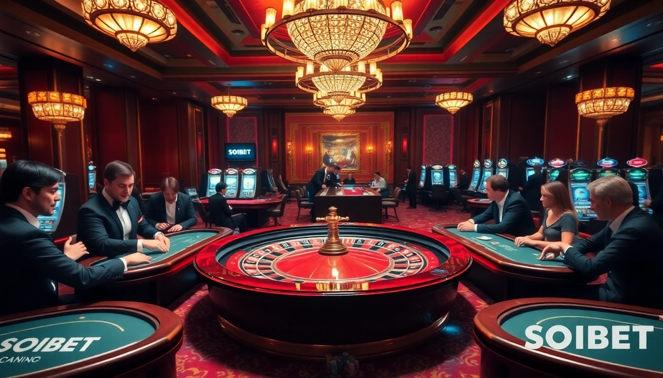 Experience the thrill of betting at SOIBET's luxurious casino, with vibrant gaming tables and roulette.