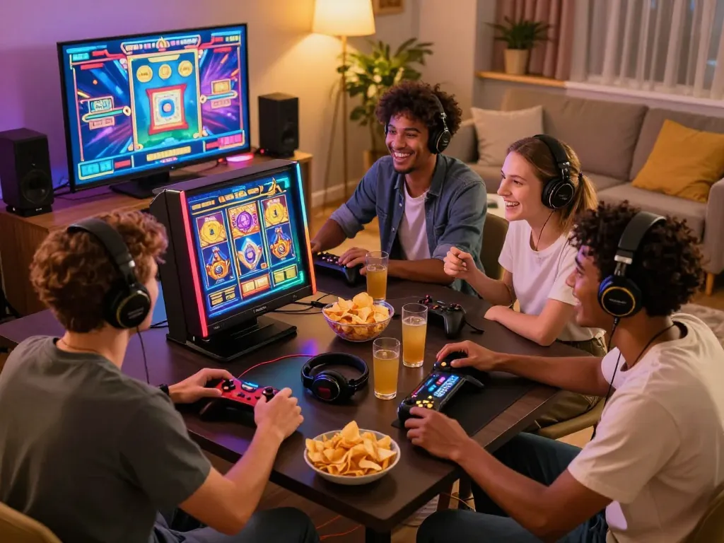 Grup sedang bermain permainan slot situs gacor di ruangan permainan yang penuh warna.
