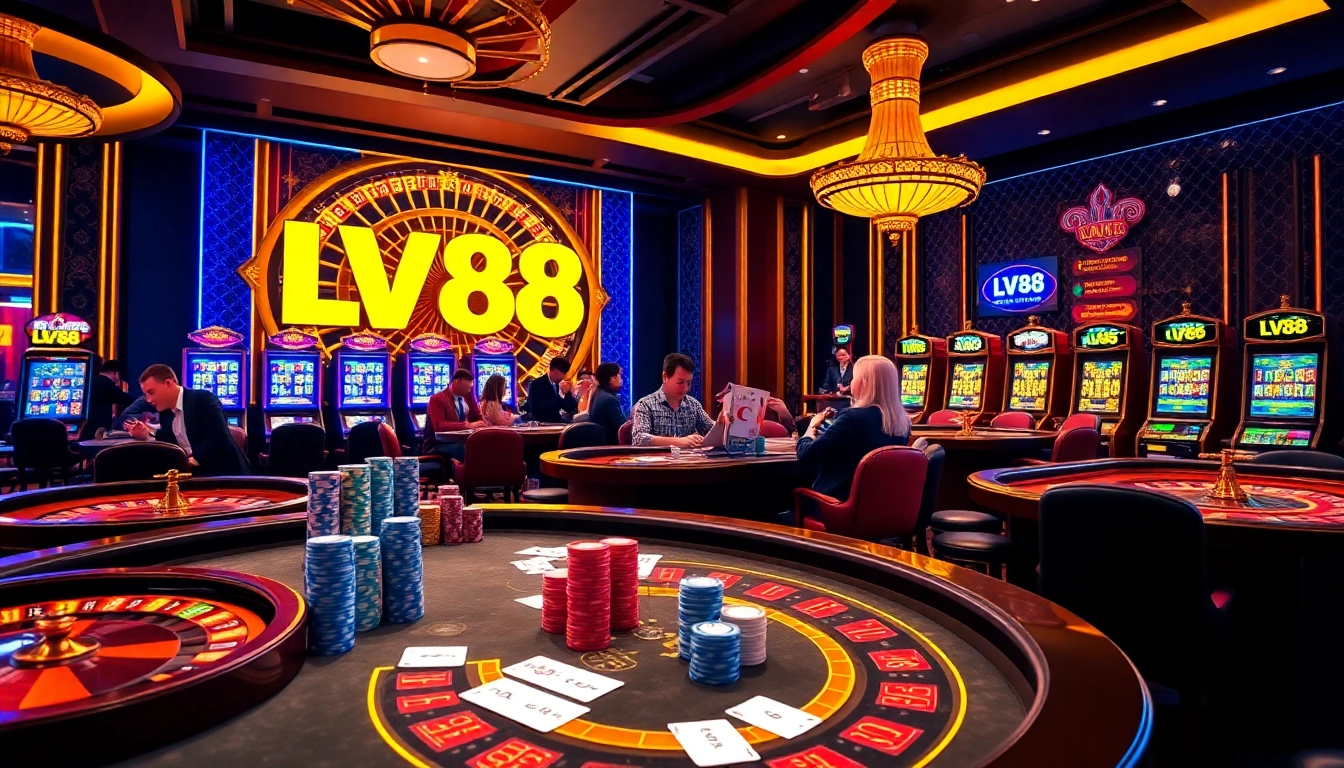 Engaging LV88 online casino scene with vibrant tables, chips, and players immersed in games.